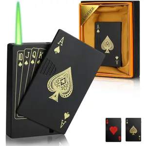 (Requires Self Inflation)Poker Ace Lighter - Windproof Green Jet Flame Torch with Hidden UV Light, Unique Metal Playing Card Design, Refillable Pocket Lighter for Camping, BBQ& EDC, Cool Stuff