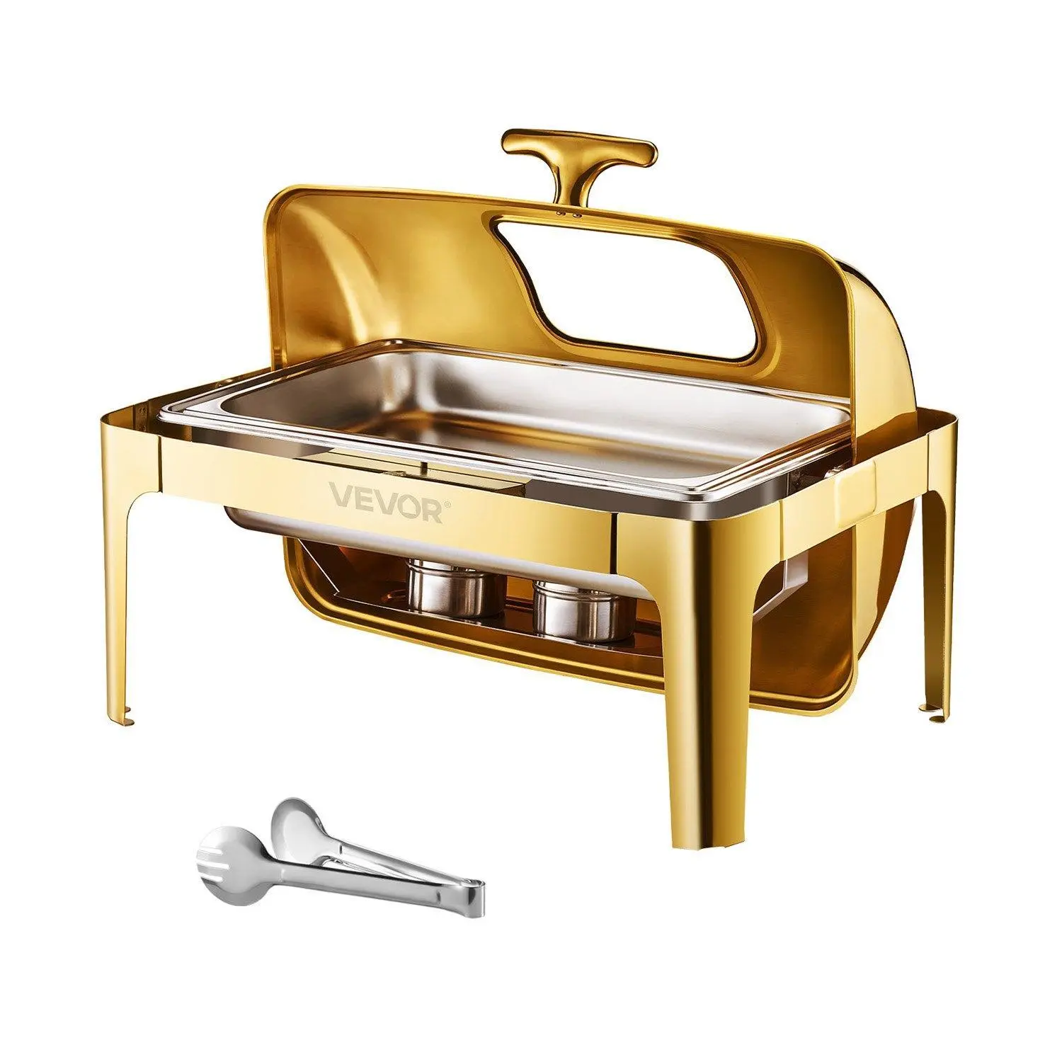 【Backtoschool】VEVOR 9Qt Rectangle Roll Top Chafing Dish Set with Full-Size Pan Stainless Steel Gold