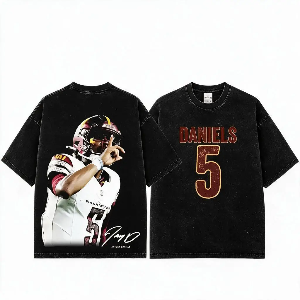 Men's Unisex Retro Jayden Daniels #5 Premium Acid Washed Cotton Short-Sleeve T-Shirt - Heavyweight Vintage Graphic Print, JD5 Casual Football Fan Commanders Game Day Streetwear Gift