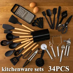 34-Piece Silicone Kitchen Utensil Set with Stand Heat-Resistant Cooking Tools & Spatulas for Non-Stick Cookware Black Wooden-Handle Gadget Set in Black Pink and Red
