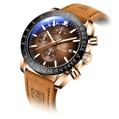 BENYAR Men's Fashionable Waterproof Business Quartz Wristwatch - High Quality Analog Chronograph with Date, Leather Strap, Clasp, Scratch-Safe Glass, Ideal Gift for Men