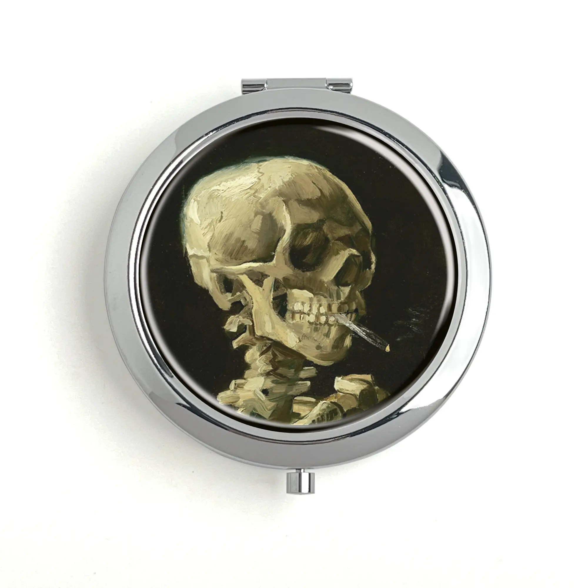 Van Gogh Art Head Of A Skeleton With Pill Box Travel Pill Box Vitamin Storage Box Metal Makeup Mirror with Unique Design