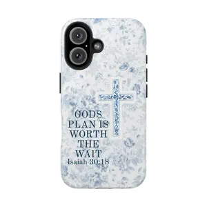 Christian Phone Case - God's Plan and Cross Design  Vintage Floral and Pastel Blue Aesthetic Phone Cover,   Compatible with iPhone 17 Pro Max 16 Plus 15 14 13 12 Compatible with Samsung Galaxy S25