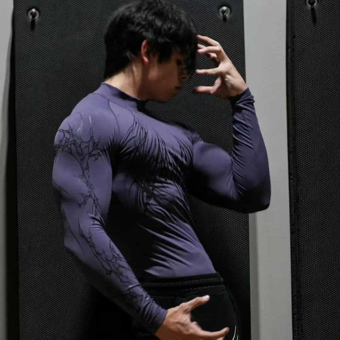 Men's Personalized Mock Neck Long Sleeve Compression Garment Sports T-Shirt, Gym Clothes, Breathable Athletic Style Casual Athletic Top for Fitness Training, Athletic Style Sports T-Shirt