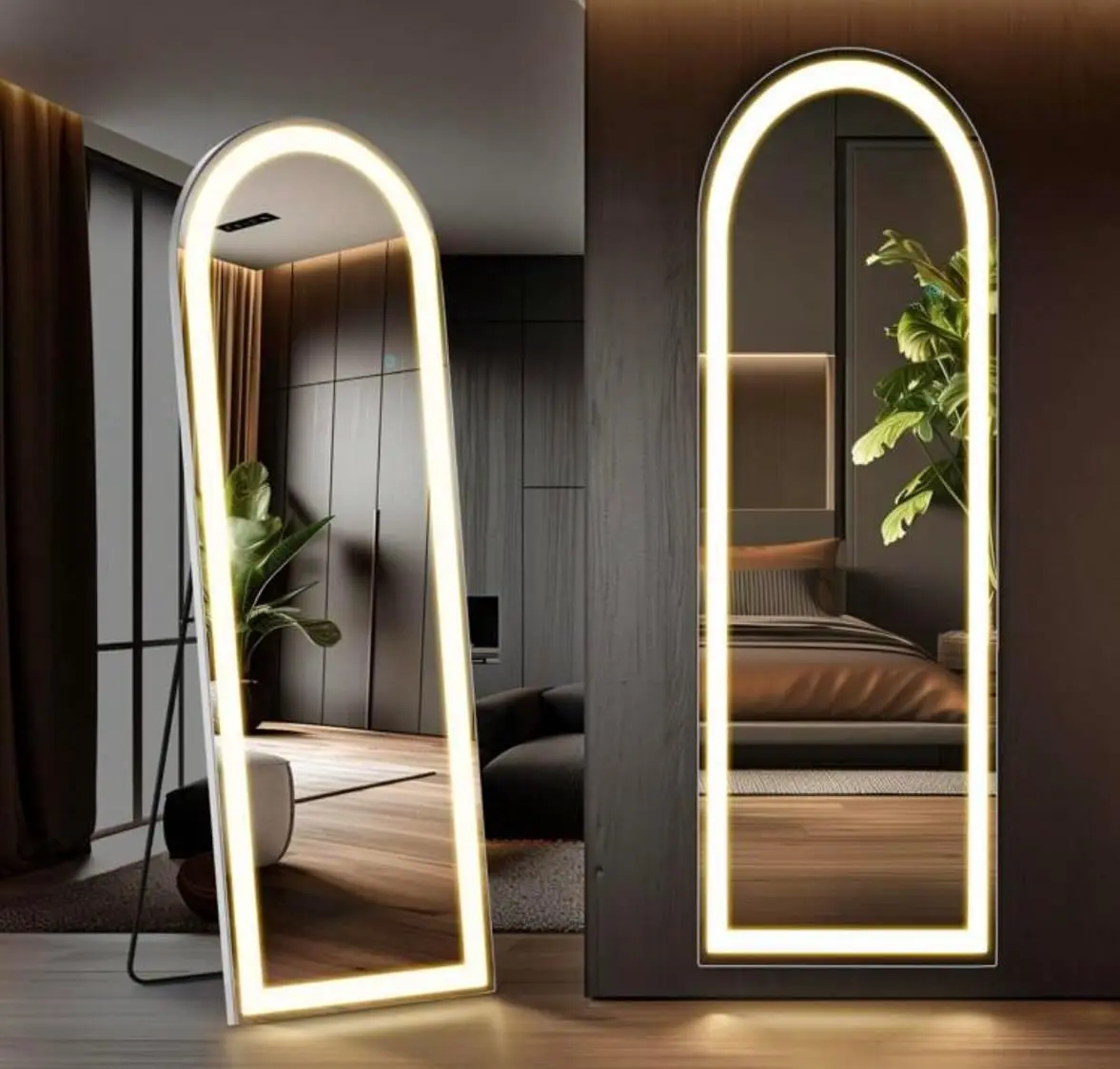 Dimmable Color-Changing Full Body Lighted Mirror, 3-Color Temperature Smart Touch Control, Explosion-Proof HD Nano Glass, Freestanding/Leaning/Wall Mounted Vanity Mirror (Arched/Rectangle, 60-71 Inch)