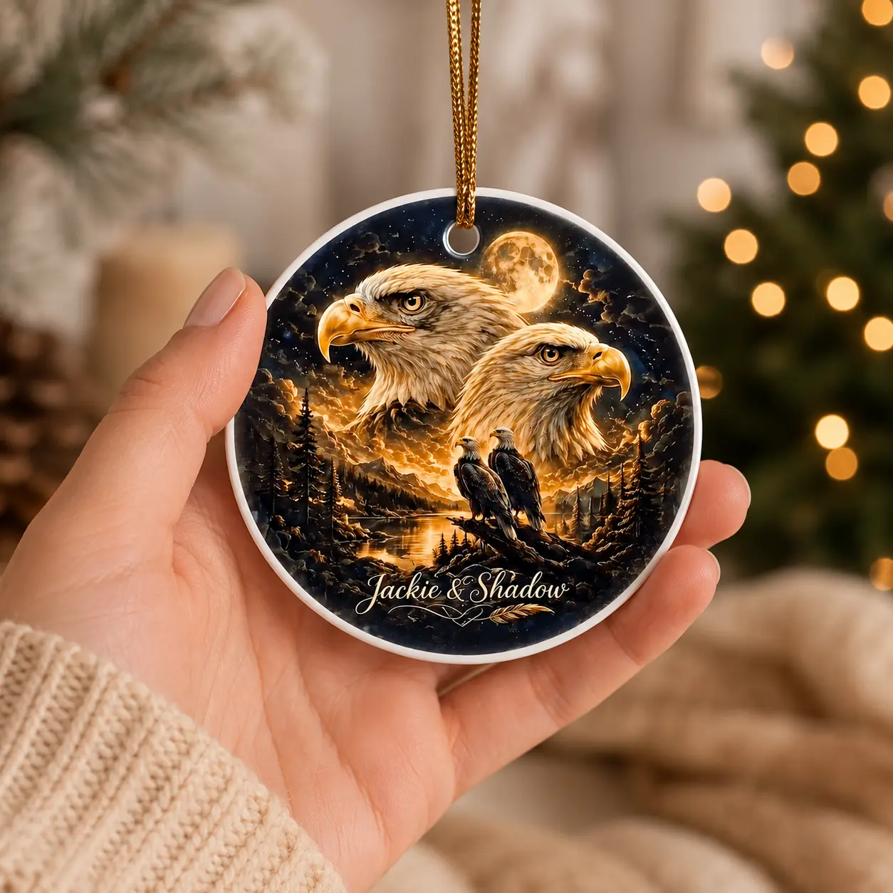 Jackie & Shadow Ceramic Christmas Ornament, Bald Eagle Tribute Keepsake, Jackie Memorial Eagle Holiday Tree Decoration