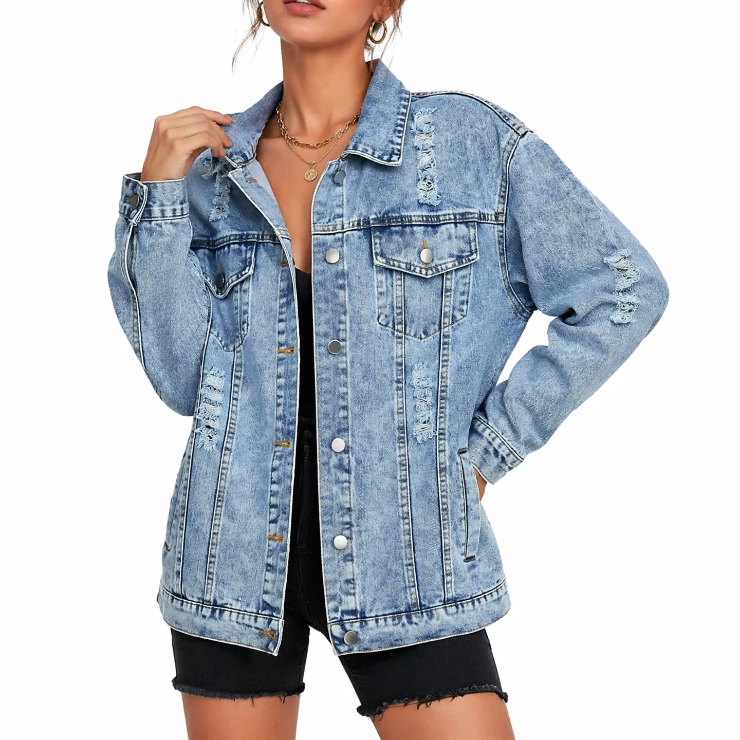Yimoon Women’s Oversized Distressed Denim Jacket Button Down Vintage Washed Jean Jacket Casual Loose Fall Outerwear Coat