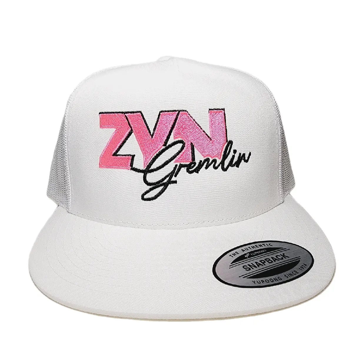 White Trucker Cap with Pink Gremlin Embroidery, Adjustable Snapback with a Flat Bill and Breathable Mesh for Sports & Fishing, Gremlin Snapback, Hiking, Outdoor, Solid Color, Fashion, Travel, Universal, All Seasons, Direct Embroidery, Casual Sport, Mesh B
