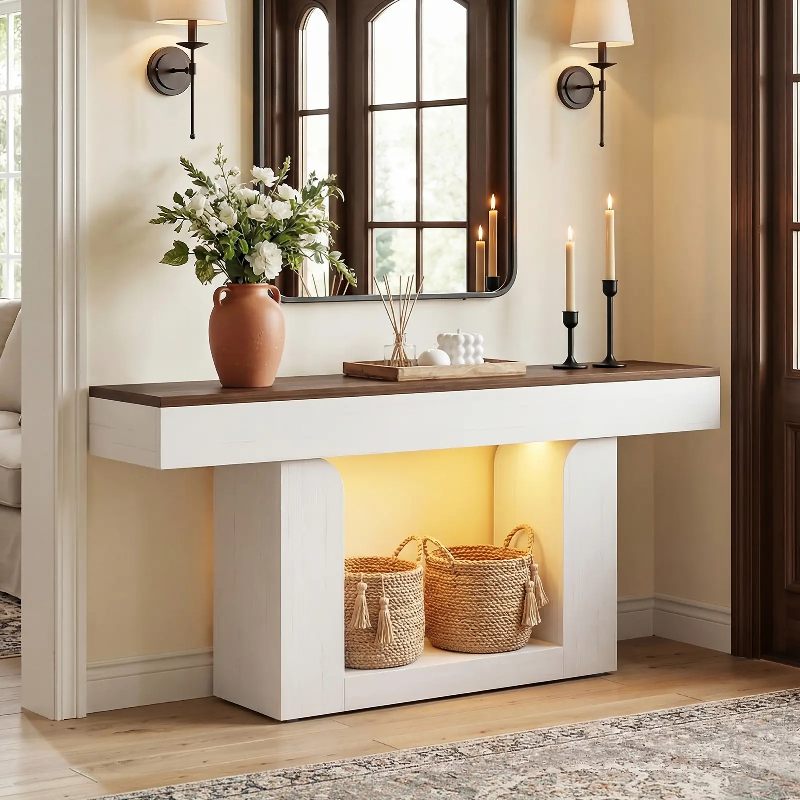 Unikito 63 Inch Entryway Console Table, Wooden Sofa Table Behind Couch with LED Lights & Charging Station, Farmhouse Narrow Hallway Table, summergarden