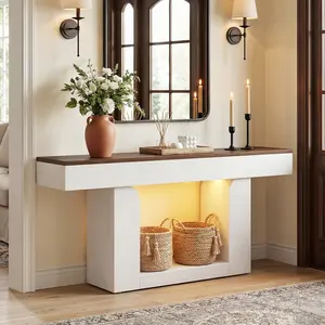 Unikito 63 Inch Entryway Console Table, Wooden Sofa Table Behind Couch with LED Lights & Charging Station, Farmhouse Narrow Hallway Table