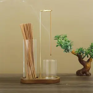 Two-In-One Incense Burner and Candle Holder, Wooden Base, Detachable Glass Ash Collector, Aromatic Home Fragrance Decor