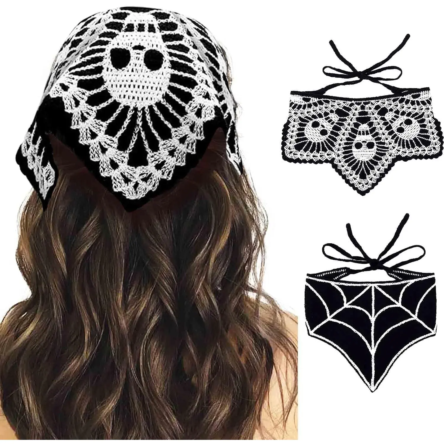 Gothic Skull Print Head Wraps for Women, 2 Pack Soft Poly Tie-Back Bandanas, Lightweight Accessory for Biker & Festival Wear, Women's Fashion