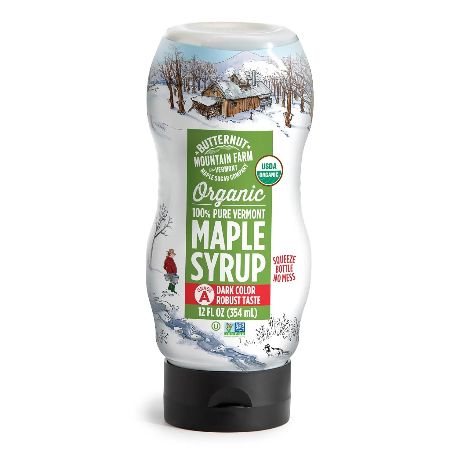Butternut Mountain Farm 100% Pure Organic Vermont Maple Syrup, Grade A (Prev. Grade B), Dark Color, Robust Sweet Flavor, All Natural, Easy Squeeze Bottle, 12 Fl Oz, Vitamin