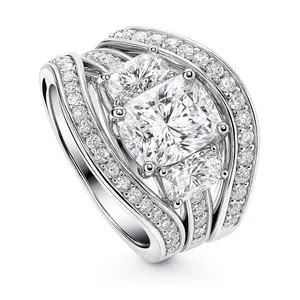 BERRICLE Sterling Silver 3-Stone Engagement Rings Statement Stackable Band for Women, 2.6 Carat Cushion Cut Cubic Zirconia CZ Ring Set