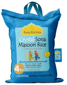 Asian Kitchen Crystal Sona Masoori Aged Rice 4lbs (1.81kg) Short Grain Rice ~ All Natural | Gluten Friendly | Vegan | Indian Origin | Export Quality