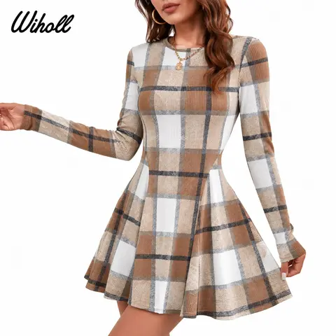 WIHOLL Sweater Dress for Women Fall 2026 Long Sleeve Crew Neck Ribbed Knit Fit and Flare A-Line Dresses Everyday