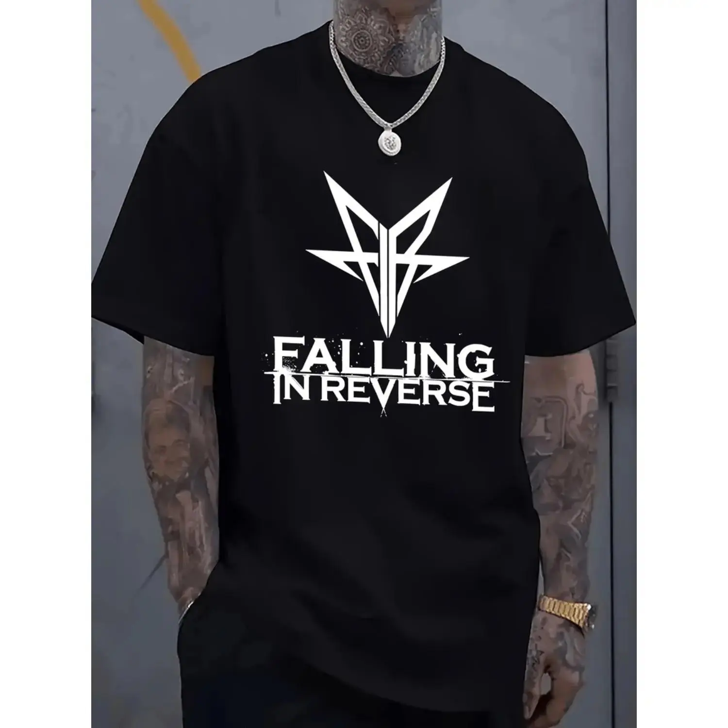 🎵 🖤 Falling In Reverse Graphic T-Shirt For Men Black Cotton Short Sleeve Tee With Bold White Design Comfortable Round Neck Casual Wear