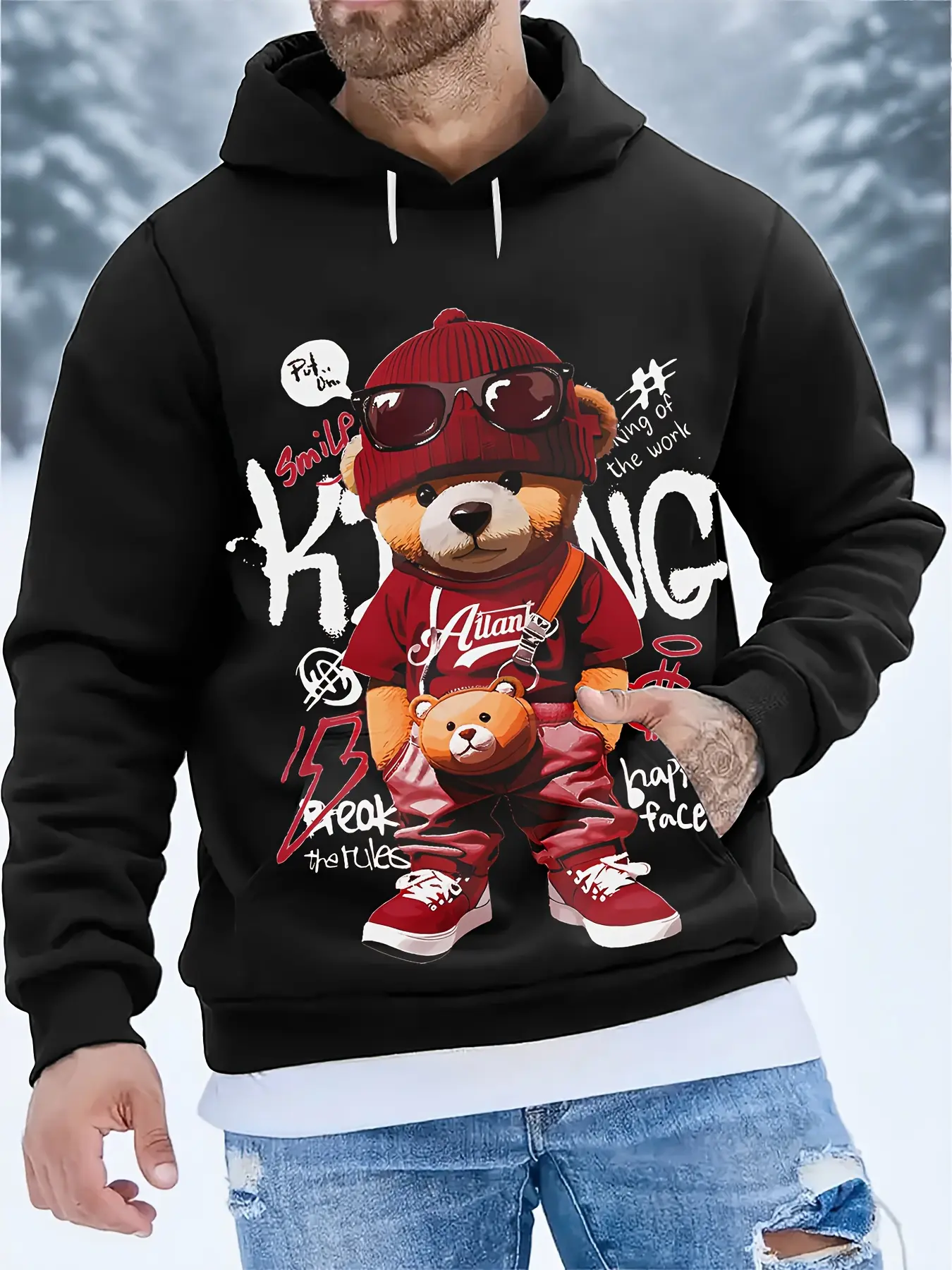 3D digital printing cartoon bear pattern men's black kangaroo bag hooded sweater, Casual warm and comfortable long-sleeved top in autumn and winter, daily leisure and festival outdoor long-sleeved hoodie, Graphic Casual Hoodie
