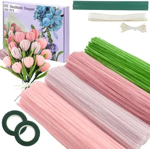 400 count Pipe Cleaners Craft,4 Assorted Colors Pipe Cleaners Bulk, Chenille Stems for DIY Flower Making Kit with Floral Wires, Gardening Tape,Stamen& Ribbon ()