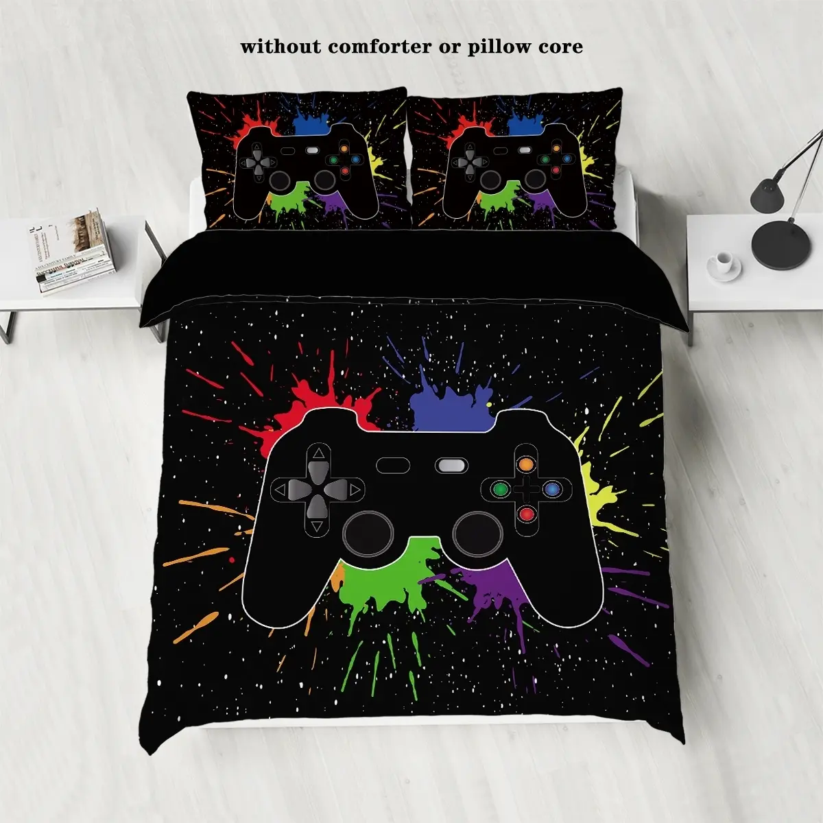 3-Piece Cartoon Cool Gaming Controller Comforter Set, Soft Bedding Sets with Pillowcases, Unfilled, Suitable for Boys Girls Bedroom School Use, Cartoon Printed Bedding