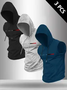 Men's 3-Piece Letter Print Round Neck Sleeveless T-Shirt Set, Casual Comfortable Hooded Vest, Summer Outdoor Fitness Wear, Training Clothes