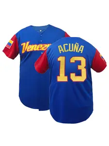 Men's Letter & Figure Patched Button Front Baseball Jersey, "Venezuela 13" Embroidered Baseball Shirt, Casual Loose Short Sleeve V-Neck Baseball Top, Baseball Christmas Gifts, Unisex Sportswear for Training & Competition, Workout Tops Sports Clothing