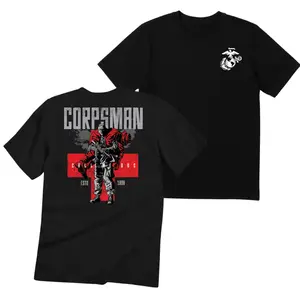 Corpsman Devil Doc Graphic T-Shirt, Military Medic Rescue Tee with Wounded Soldier Carry and Red Cross Design, Patriotic Unisex Veteran Streetwear Shirt for Navy Corpsman Supporters