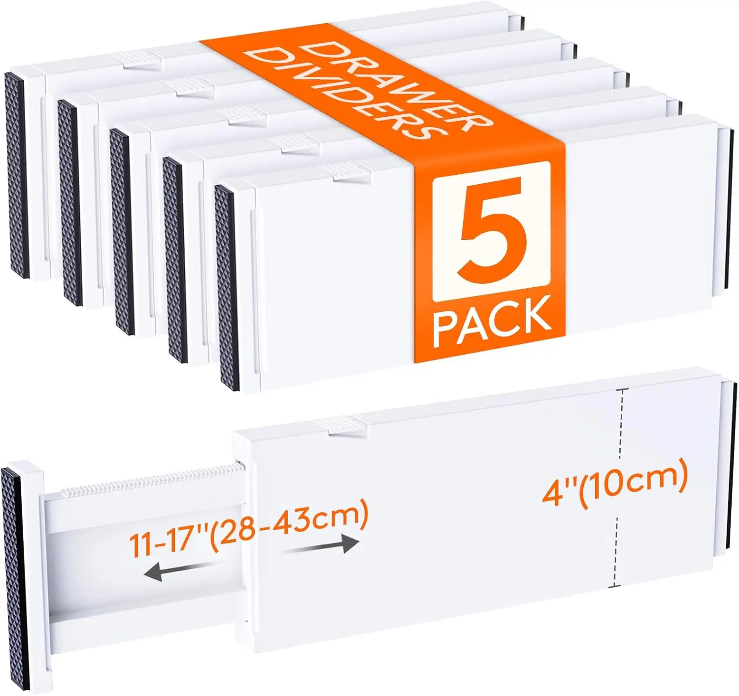 Adjustable Drawer Dividers 5 Pack, Expandable Drawer Organizer 11–17 Inch, 4 Inch High Drawer Separators for Clothes, Dresser, Kitchen and Closet Storage