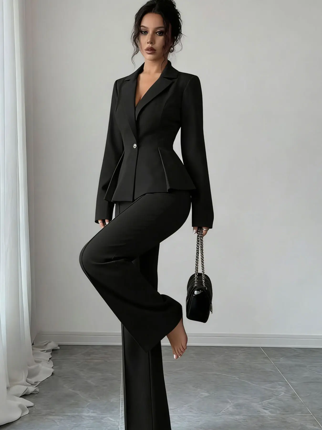 Women's two-piece black lapel multi-button waist-cinching ruffled hem Fitted Long Sleeve blazer and high-waisted leg-lengthening suit pants set, fashionable, elegant, chic and versatisuitable for all seasons, daily wear, events, and other occasions