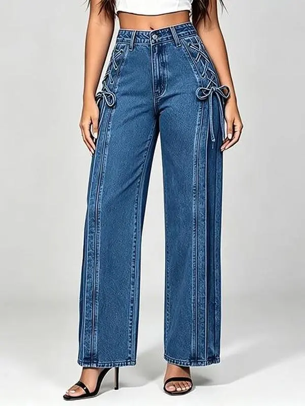 Women's Cotton Jeans - Solid Loose Woven Straight High-Waisted Wide-Leg Denim Trousers with Side Hip Lace-Up Tie Straps, Vertical Contrast Stitching, Functional Pockets, Vintage Blue Wash, Grunge Streetwear Casual Pants