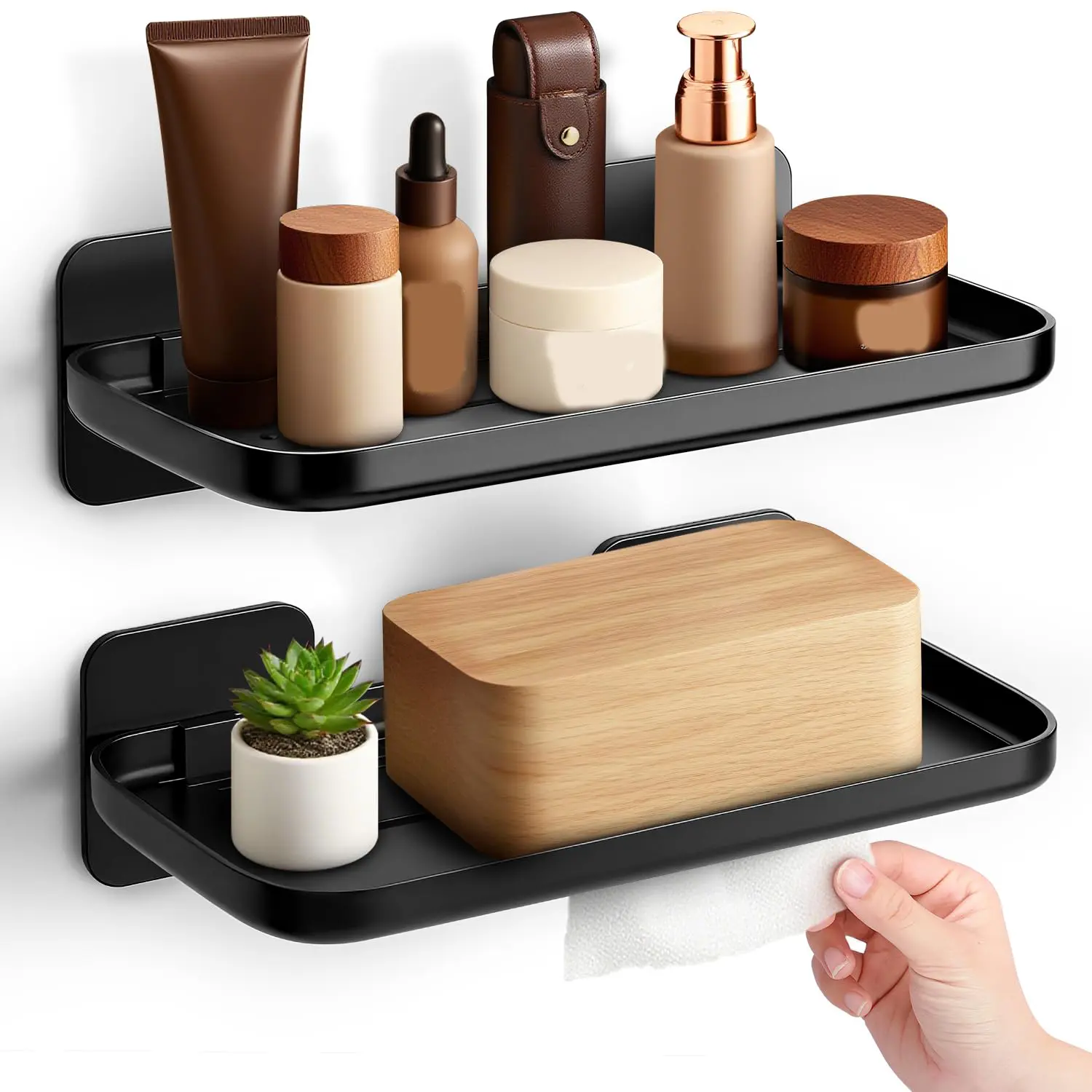 2pc Wall Mounted Floating Shelf, Small Storage Rack with Edge Design, No Drill Adhesive Wall Shelf, Floating Shelves Damage-Free Expand Walls Space for Living Room Kitchen Bathroom Decor Black