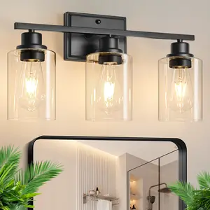 3-Light Bathroom Fixtures, Contemporary Vanity Lights Above Mirror, Black Wall Sconce with Clear Glass for Living Room, Cabinet, Bedroom, and Porch
