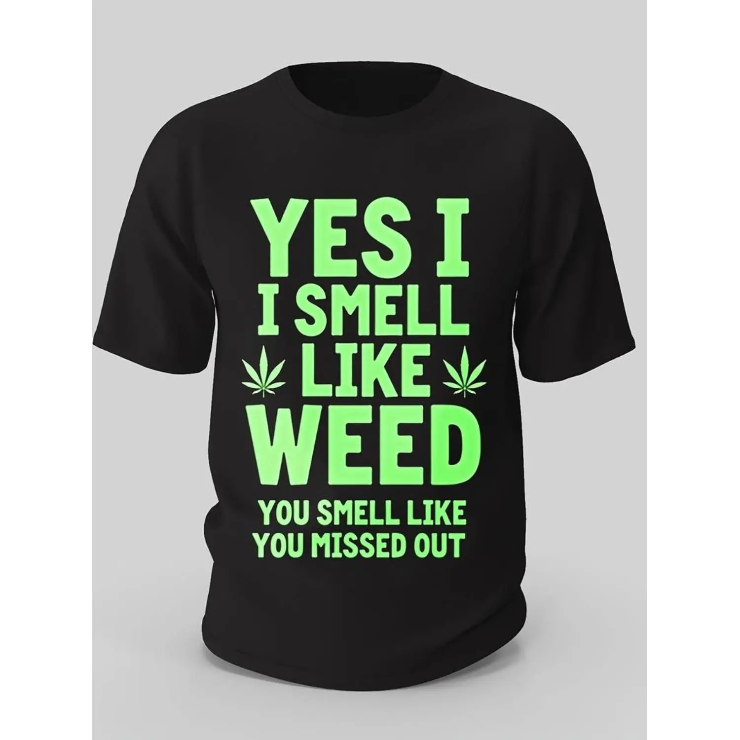 Cotton Yes I Smell Like Weed 21 Men's Graphic T-Shirt Black Neon Green Leaf Design Breathable Crew Neck Regular Fit Casual Short Sleeve Top for Summer Year Round Wear