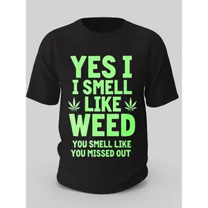Cotton Yes I Smell Like Weed 21 Men's Graphic T-Shirt Black Neon Green Leaf Design Breathable Crew Neck Regular Fit Casual Short Sleeve Top for Summer Year Round Wear