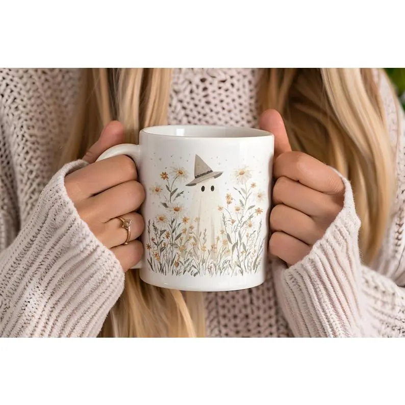 Cute Cottagecore Ghost Coffee Mug, Spooky Witchy Mugs for Ghost Lovers, Halloween Gift Cup, Fall Mugs, Wildflower Ghost Mug #148