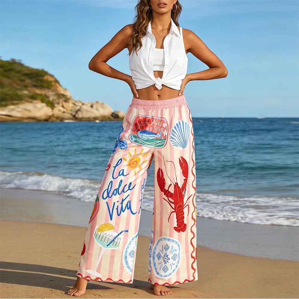 Vacation Print Wide-Leg Pants “La Dolce Vita” Lobster Design Women Statement Vibrant Holiday Trousers,back to school shopping