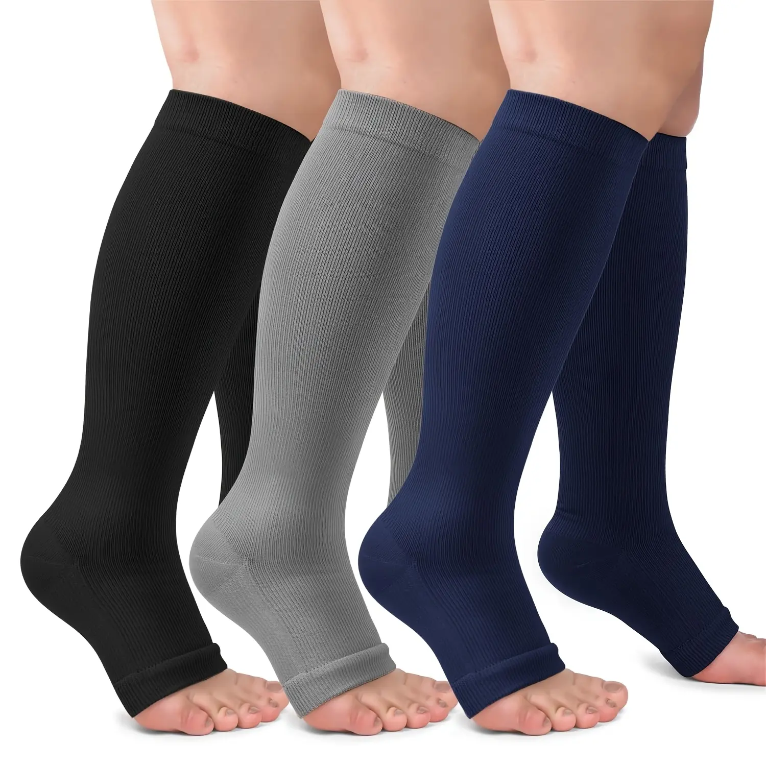 3 Pairs Open Toe Solid Color Compression Socks S-4XL Women & Men Support Cycling Dancing Yoga Kongfu of Multiple sizes Compression Socks, Athletic Sock, Travel Compression Socks