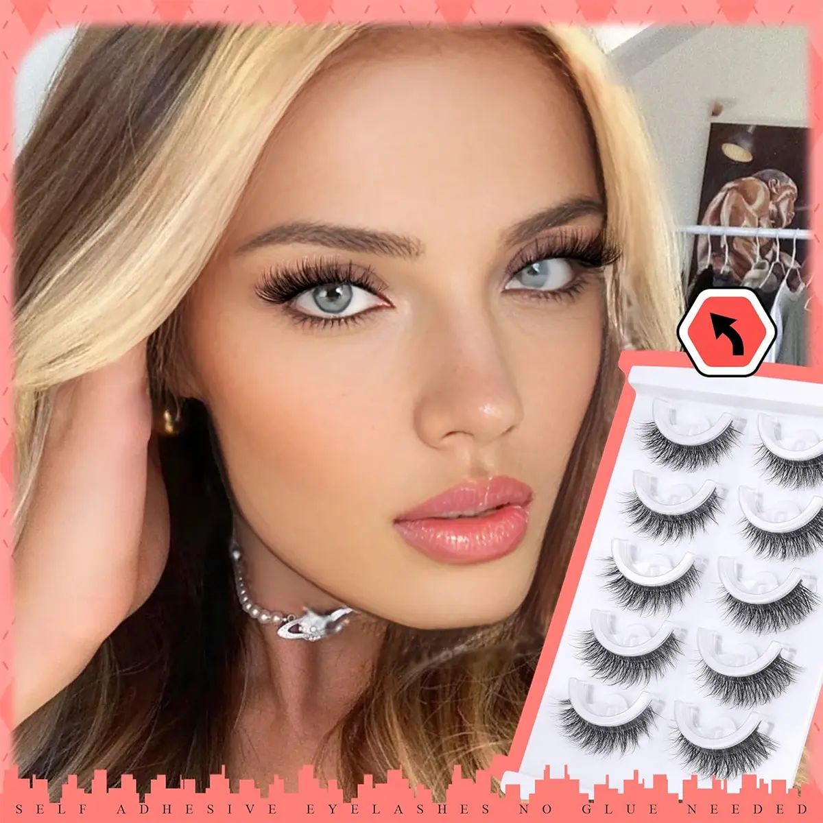 Reusable Self-Adhesive C Curl False Eyelashes, Includes Adhesive Strips, 5 Pairs 7-14mm, Ideal for Daily Wear and Makeup, Perfect for Beginners, False Eyelash Set