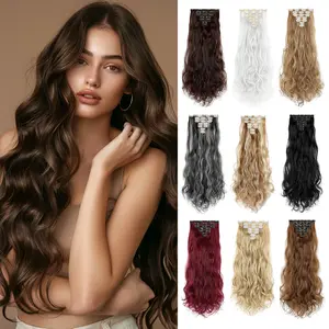Lansigreen Clip in Synthetic Hair Extensions for Women Long Curly Wavy 7PCS Brown Thick Hairpieces 24inch for Women Daily Party Event in Summer