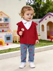 Baby Girl Spring Autumn Set, Knitted Sweater & Cherry Denim Wide Leg Pants, Vintage V Neck Shirt Collar, Comfortable Casual