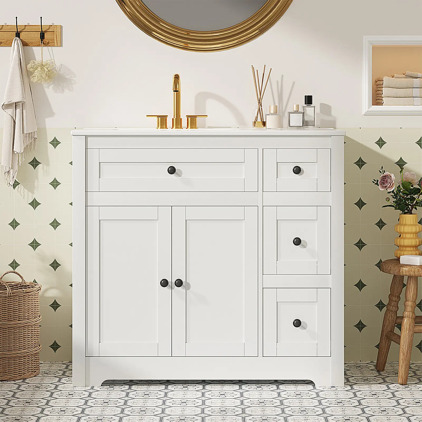 Bathroom Vanity with Ceramic Sink, Bathroom Sink Cabinet Combo, Restroom Basin Cabinet with Doors, Modern Lavatory Laundry Room Freestanding Organizer w/4-Tier-Hidden Storage
