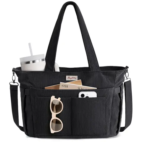 Bagstellar Women's Corduroy Tote Bag - 15.6 in Laptop Organizer for Work/School, Large Cup Holder, Durable Zipper, Casual Shoulder Storage Bag for Home Organization
