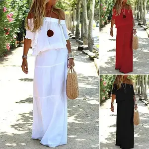 2025 summer product, fashionable and casual solid color one word shoulder elastic waist short sleeved long dress