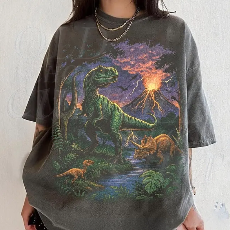 Comfort Colors Vintage Jurassic Dinosaur 90s Graphic T-Shirt, Retro T-Rex & Triceratops Shirt, 90s Prehistoric Graphic Tee, Dino Top, Nostalgia Nature Gift