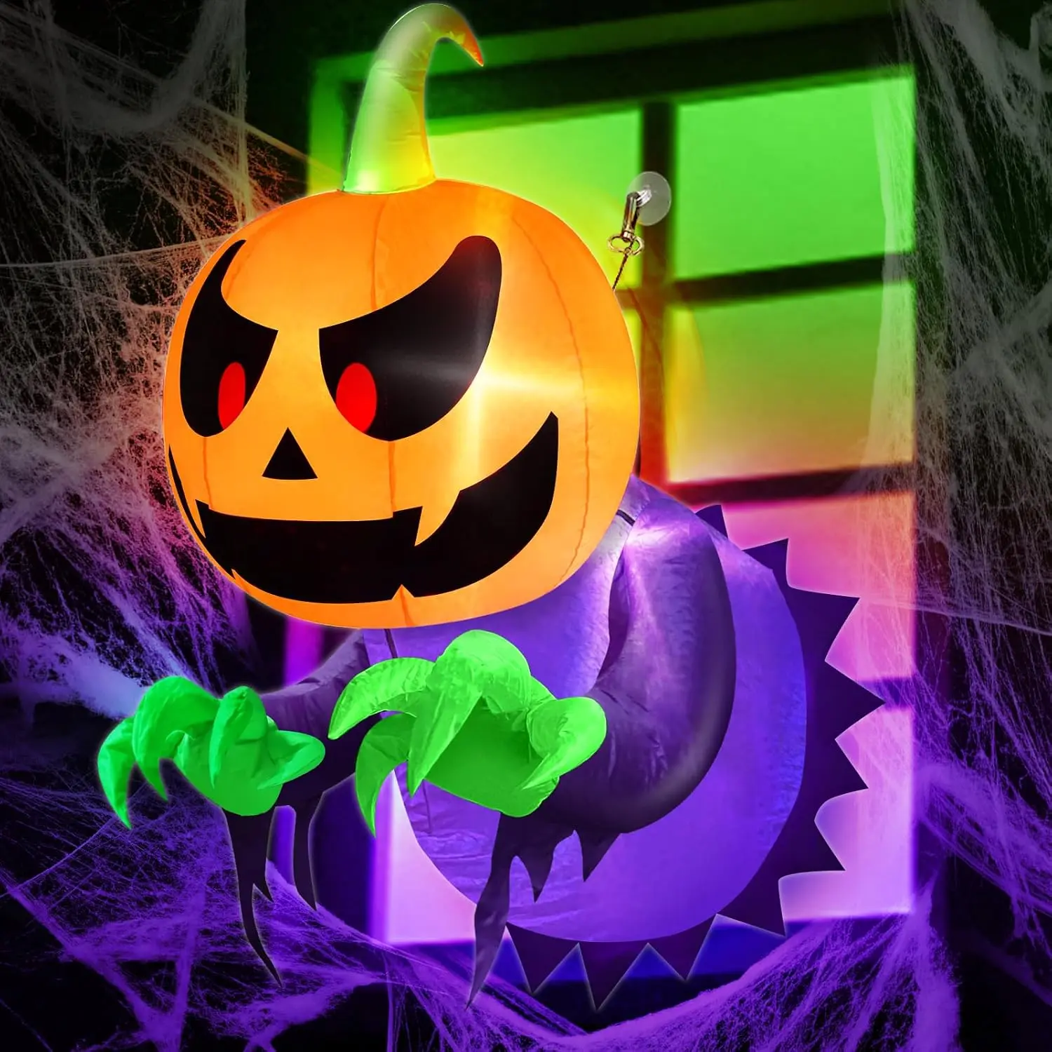 TURNMEON 3.5 Ft Inflatable Halloween Window Decoration | Blow Up Pumpkin Ghost Broke Out from Window Built-in Multicolored Changing Lights for Outdoor Home Party Yard Garden Lawn