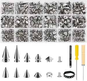 455PCS Punk Spikes and Studs Kit for Clothing, 12 Sizes Premium Metal Cone Spikes, Square Pyramid Studs & Round Dome Rivets for Leathercraft and Punk Style DIY Craft Decoration