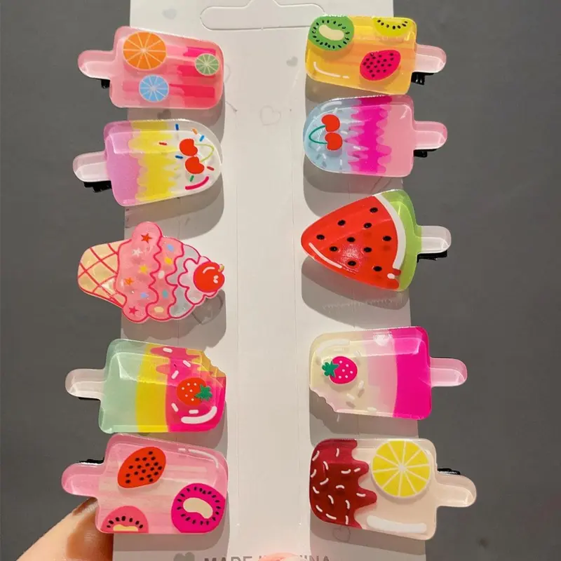 Cute Cartoon Food Design Hair Clips, 10 Counts Creative Food Themed Design Colorful Trendy Hair Clips, Chic All-match Hair Accessories for Women & Girls, Barrettes Hair Clips, Hair Clip Set, Super Cute Clips, Fun Hair Clips, Hairclips