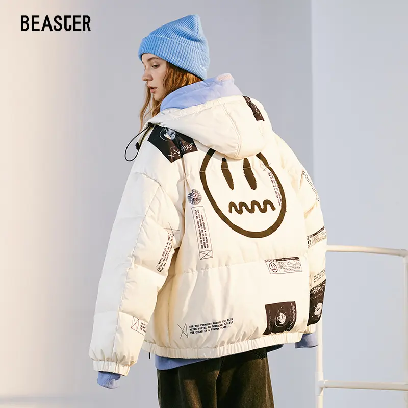 BEASTER Ghost Face Hooded Puffer Jacket, Printed Duck Down, Casual, Windproof, Warm, Unisex