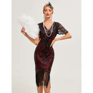 1pc Vintage Gatsby Sequin Dress, 1920s Flapper Tassel Short Sleeve Party Banquet Dance Dress, 100% Polyester, Contrast Details, V-Neck Fitted Woven Dress for Adults - All Seasons