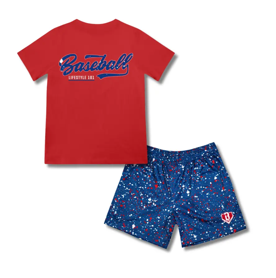 Baseball Lifestyle 101 Splatter Tee USA Colors, Matching Baseball Outfit for Youth & Adults, Patriotic Athletic Apparel, Baseball Streetwear Set